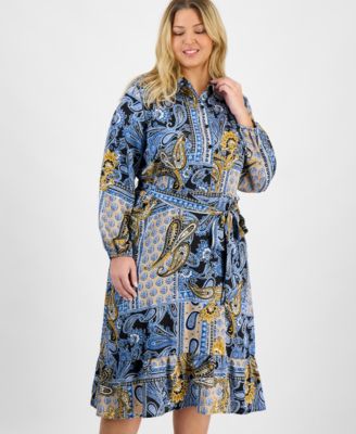 Plus Size Paisley Tie-Waist Tiered Midi Dress
