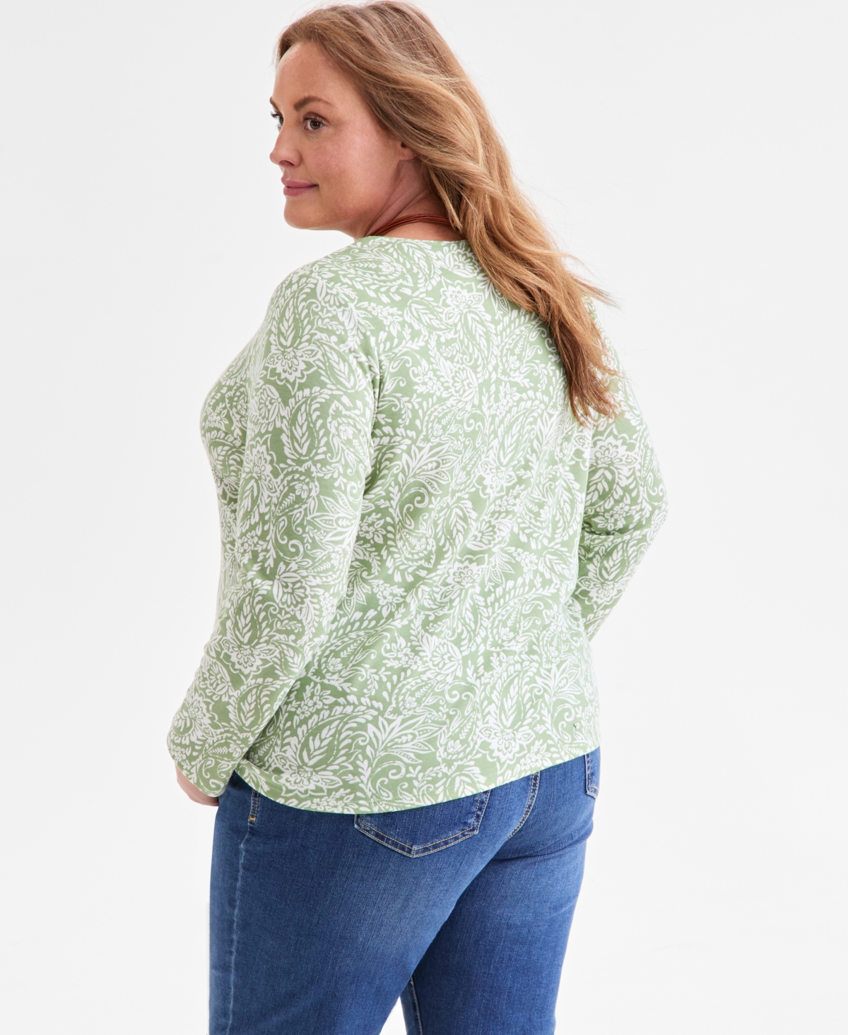 Style & Co Plus Size Printed Long-sleeve Top, Macy's Exclusive In Green