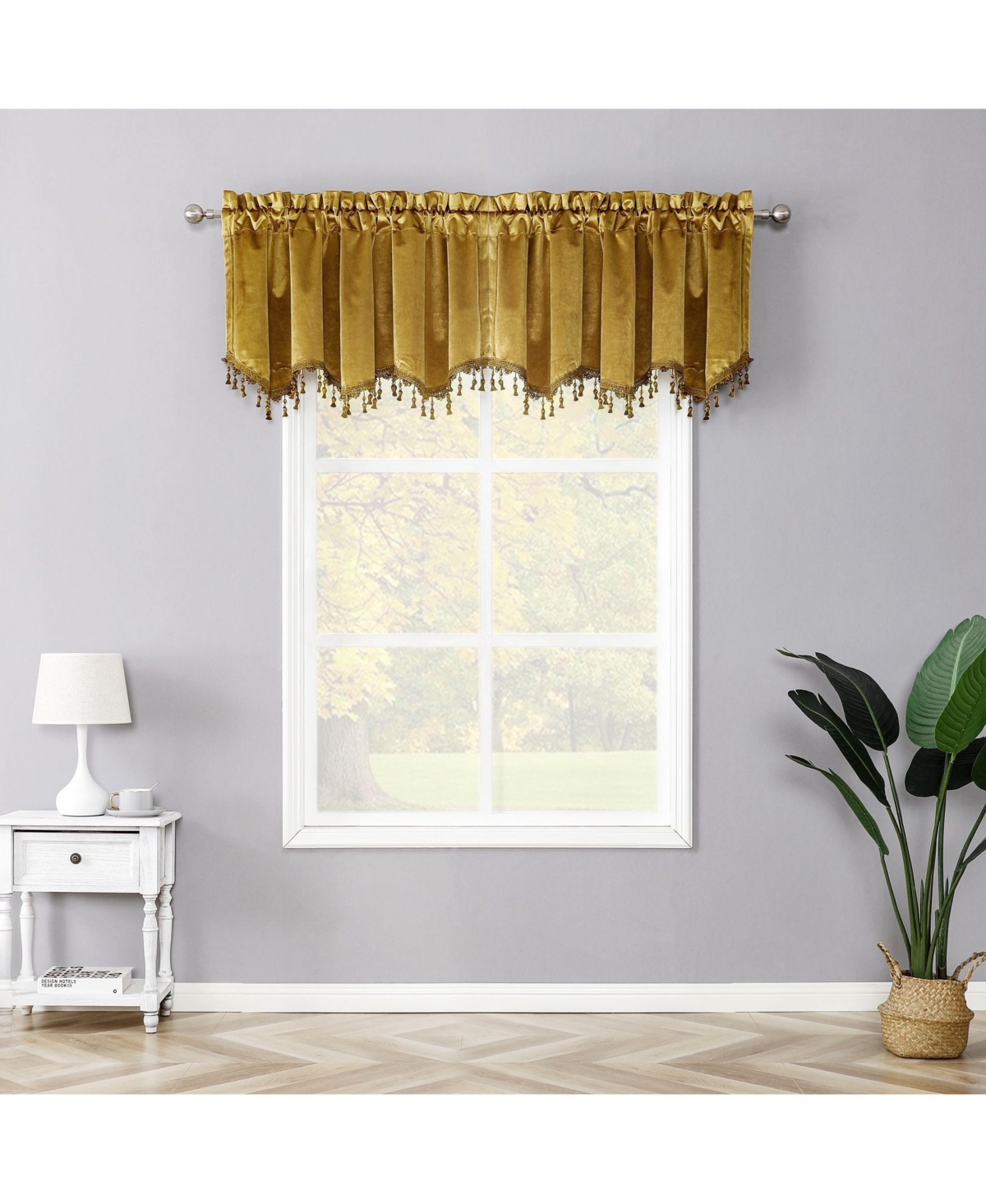 Royal Living 2 Pack Beaded Tassel Trimmed Rod Pocket Velvet Window Valances - Gold