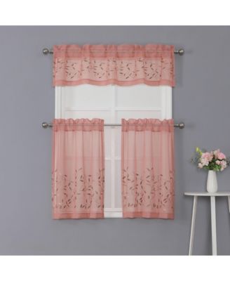 Shabby Sheer Embroidered Complete 3 Piece Floral Rod Pocket Cafe Kitchen Curtain Tier & Valance Set