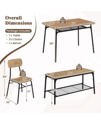 Modern 4-Piece Metal Frame Dining Set with Table, Bench, and 2 Chairs – Ideal for Compact Dining Spaces