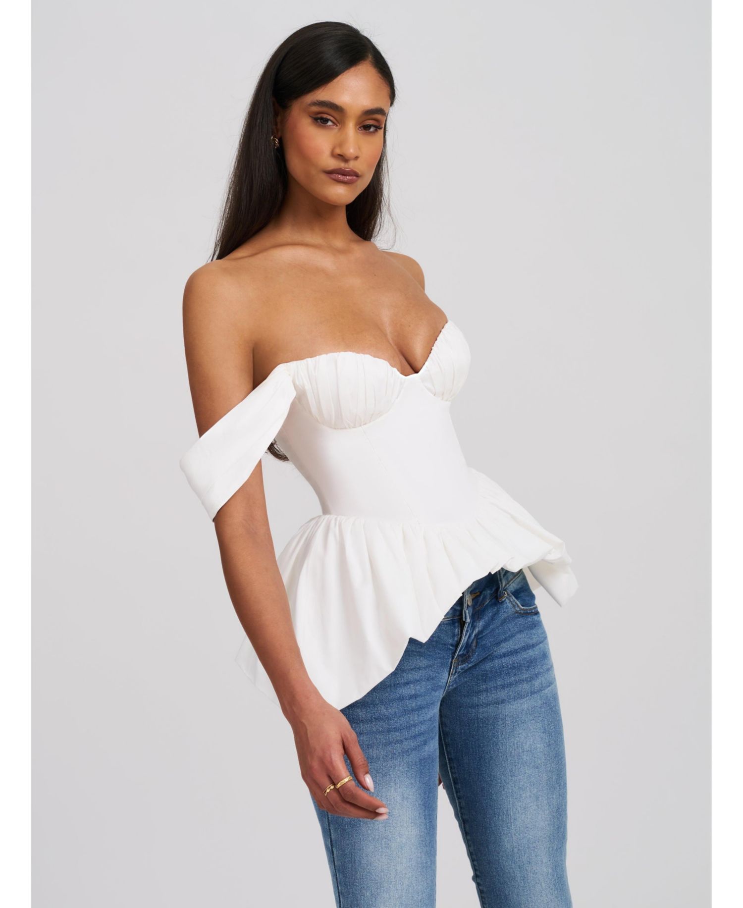 Women Qistina White Off-shoulder Bubble Hem Peplum Cotton Top