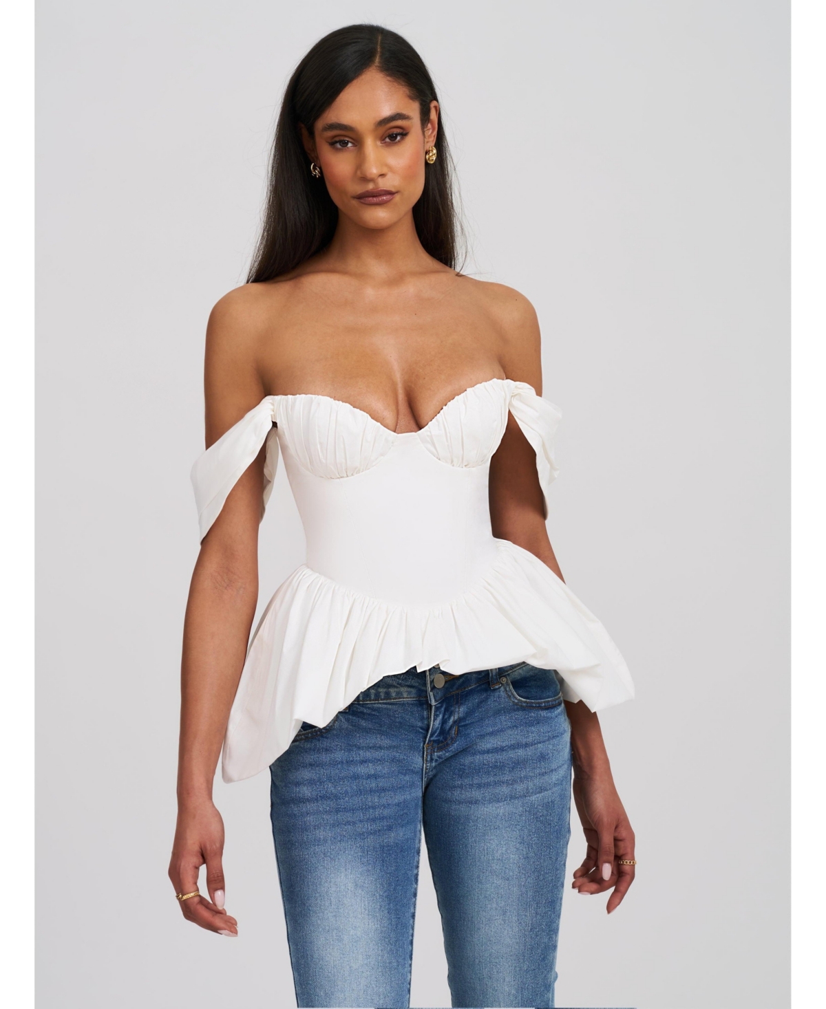 Women Qistina White Off-shoulder Bubble Hem Peplum Cotton Top - White