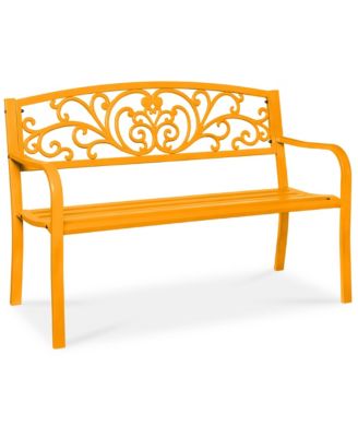 Outdoor Steel Bench Garden Patio Porch Furniture w/ Floral Design Backrest