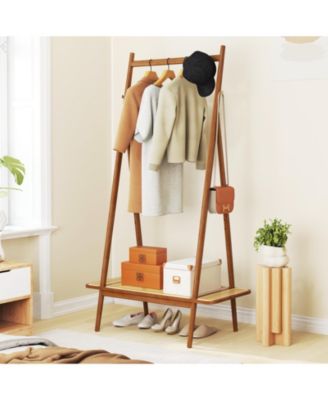 Modern Clothes Rack for Entryway with Sturdy Hanging Rod, Decorative Rattan Shelf, and Elegant Copper Hooks