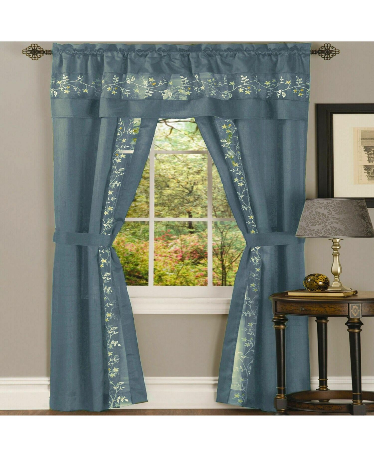 Complete 5 Pc Window in a Bag Embroidered Floral Country Flax Sheer Curtain & Valance Set - 54 in. W x in. L - Gray