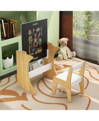 2 PC Wooden Kids Table Set with One Chair, Multifunctional Children Study Table-Convertible Tabletop for Study
