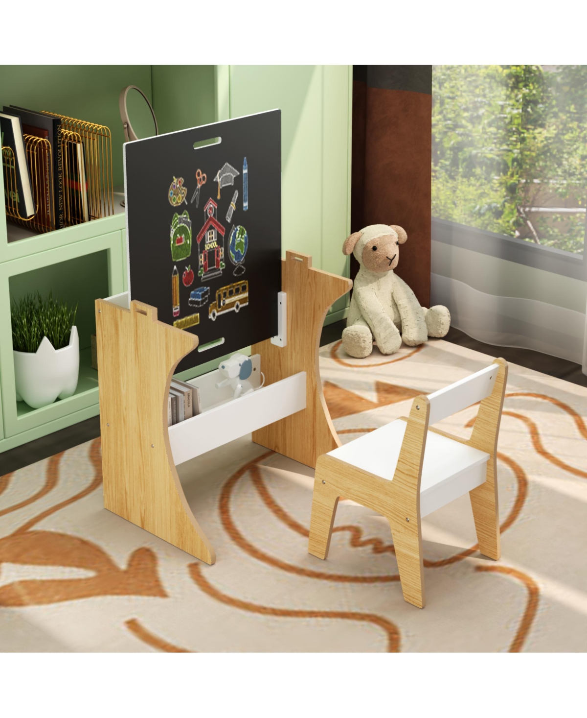 Cesicia Kids Table Set with One Chair, Multifunctional Wooden Children Study Table-Convertible Tabletop for Study