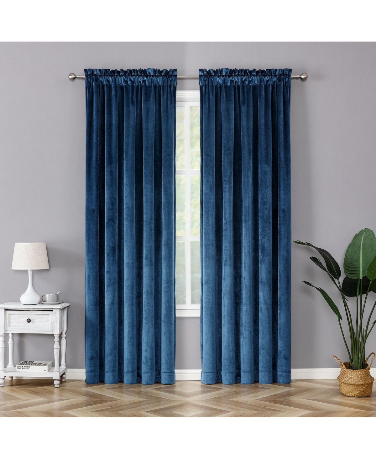 Royal Living 2 Pack Rod Pocket Light Filtering Velvet Window Curtain Panels - Navy Blue - Green
