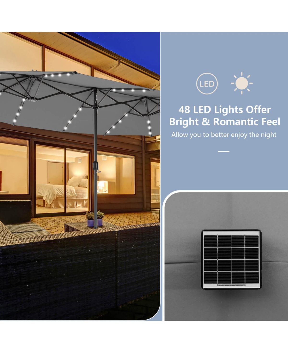 Gymax 15FT Twin Patio Double-Sided Umbrella 48 Solar Led Lights Crank Outdoor
