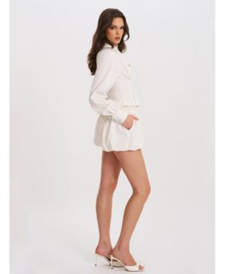 Women Sylvia White Pinstripe Deep V Pleated Shirt