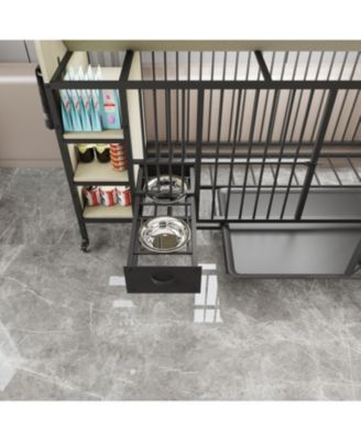 Large Pet Cage w/ Storage & Stainless Steel Bowls (Black/Beige)