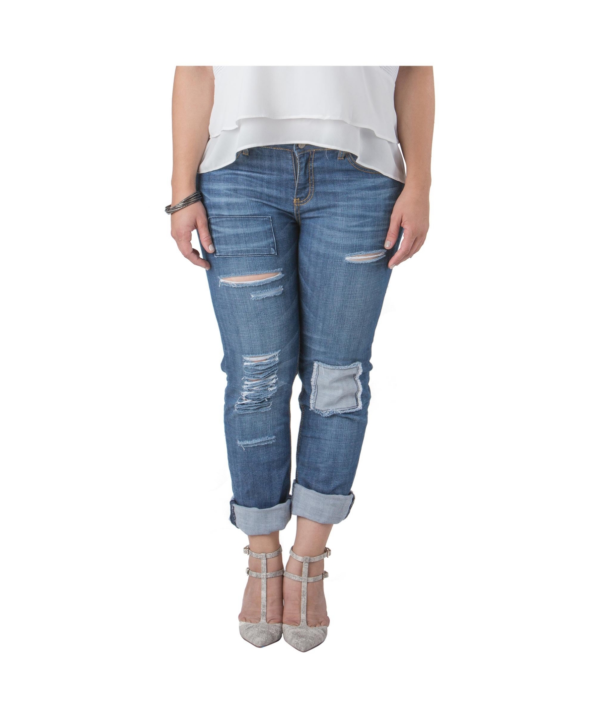 Plus Size Women Distressed And Patched Boyfriend Jeans - Ripped blue