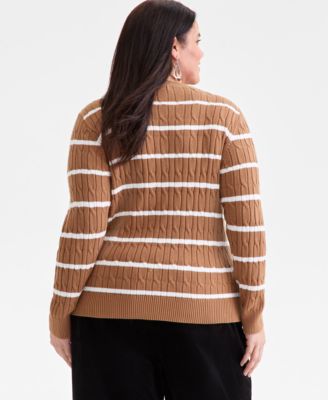 Plus Size Cotton Cable-Knit Crewneck Stripe Sweater, Macy's Exclusive