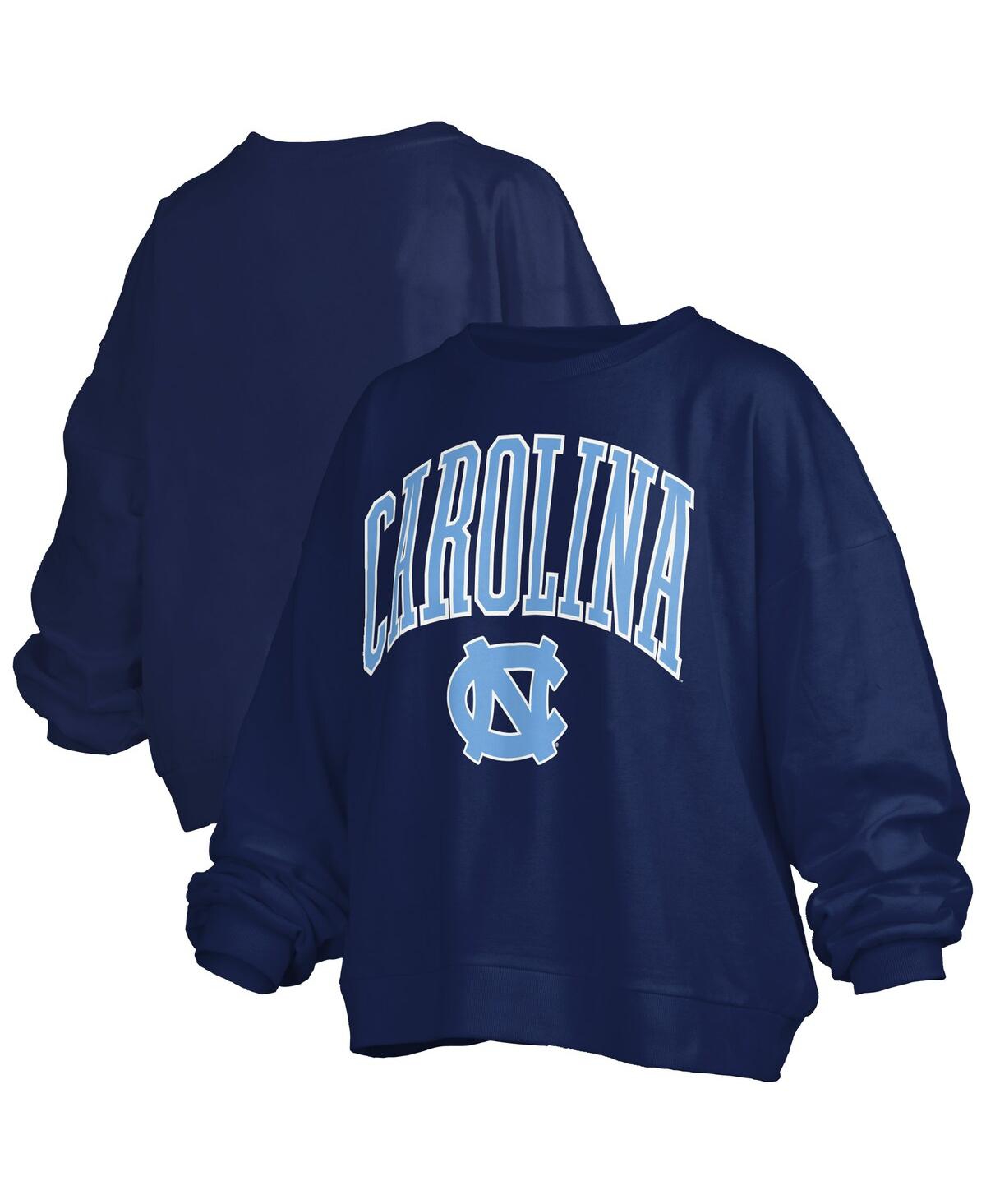 Women's Navy North Carolina Tar Heels Janise Arch Over Logo Waist Length Oversized Pullover Sweatshirt - Navy