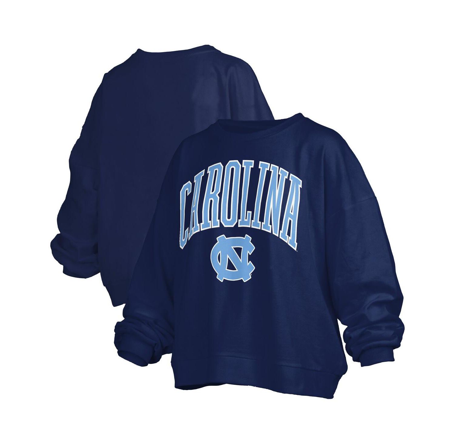 Women's Navy North Carolina Tar Heels Janise Arch Over Logo Waist Length Oversized Pullover Sweatshirt