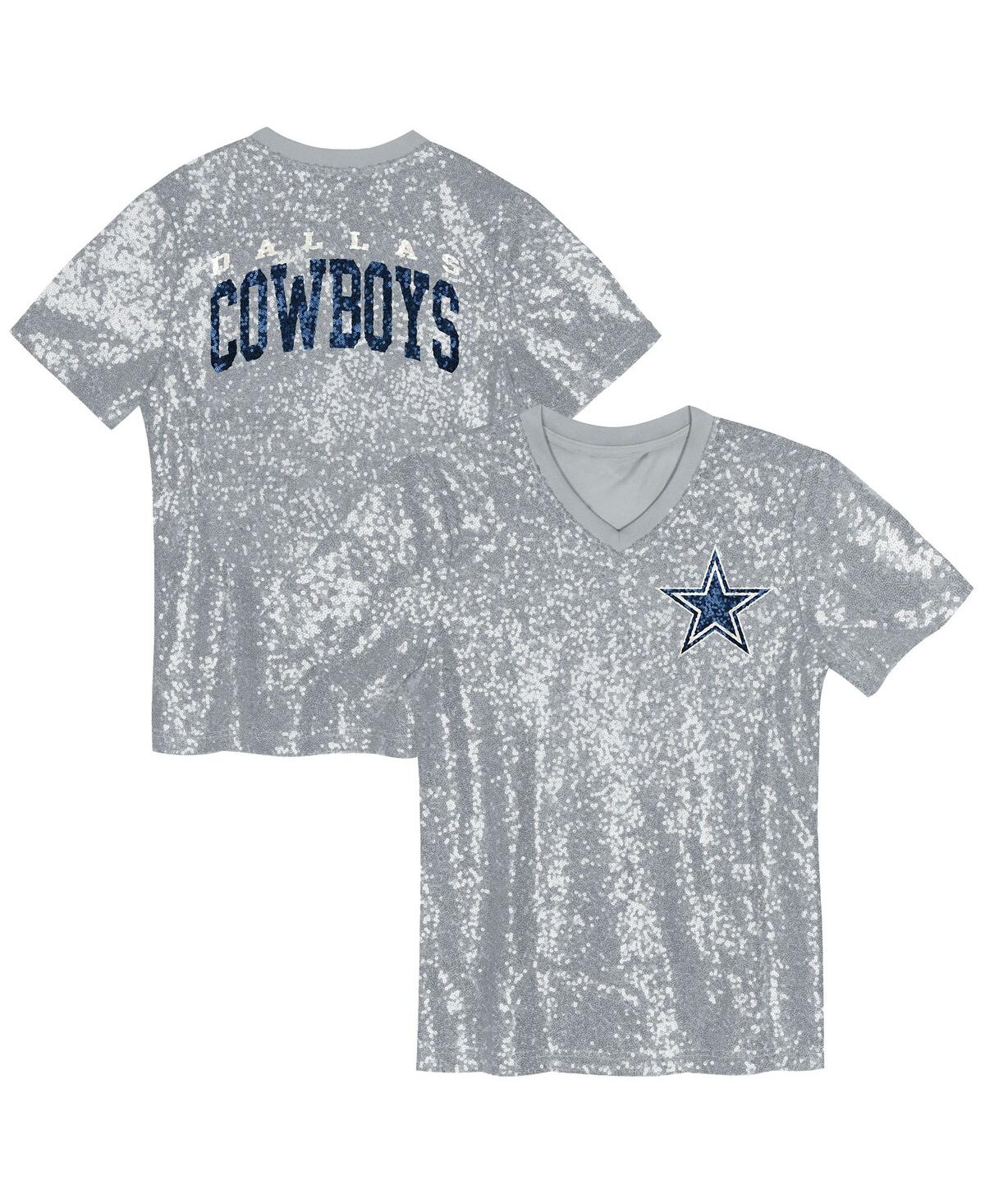 Outerstuff Big Girls Silver Dallas Cowboys Wordmark Sequin V-neck Top In Gray