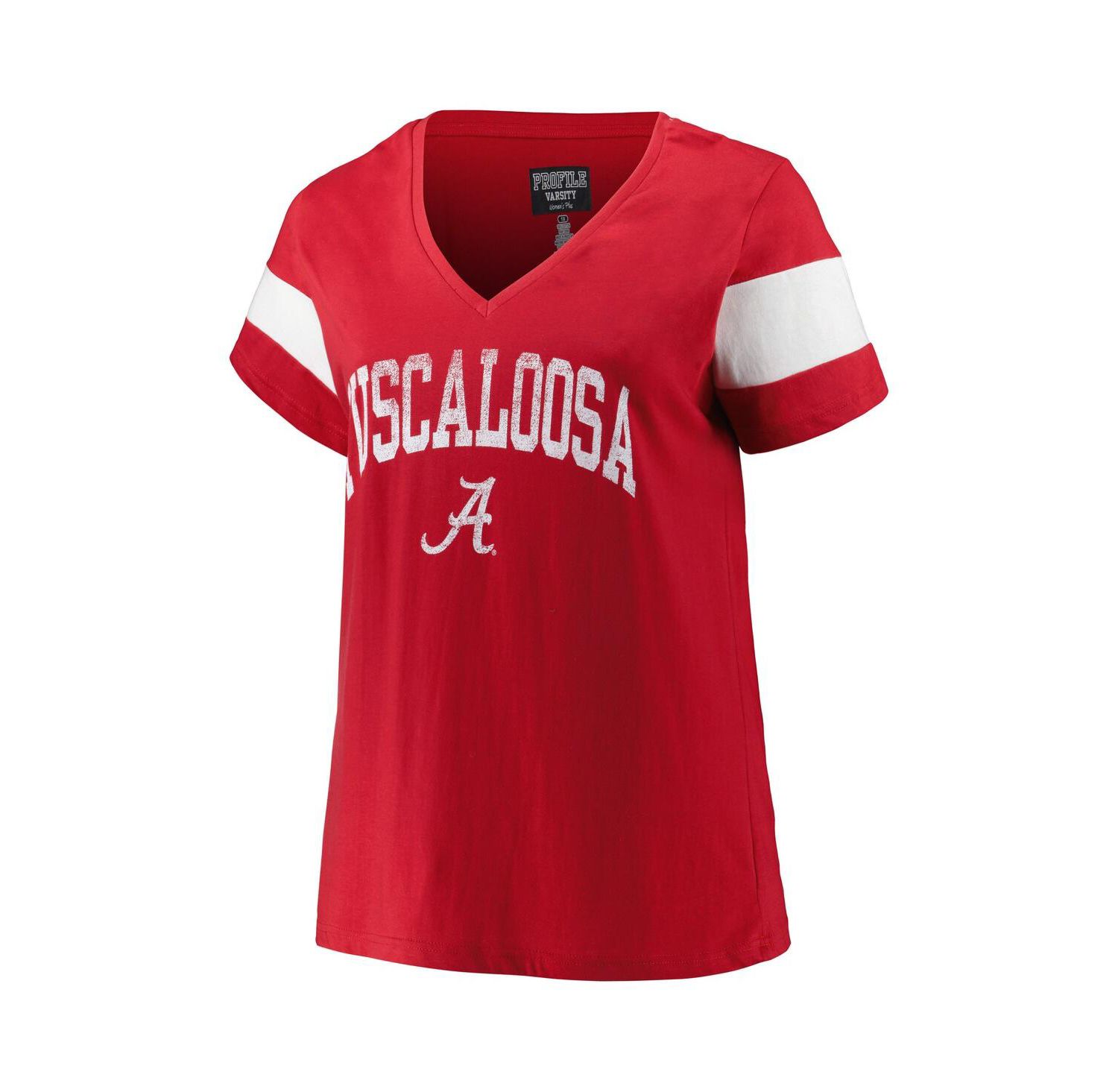 Women's Heather Crimson Alabama Crimson Tide Plus Size Arched City Sleeve Stripe V-Neck T-Shirt
