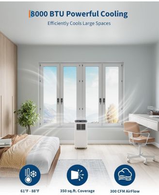 8,000 BTU Portable AC, 3-in-1 Cooling, Fan & Dehumidifier for 350 Sq.Ft, No-Drain, Black Cover