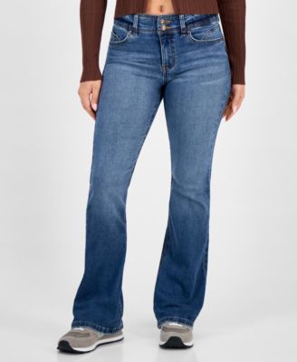 Juniors' Double-Button Distressed Bootcut Jeans