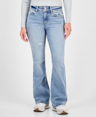 Juniors' Double-Button Distressed Bootcut Jeans