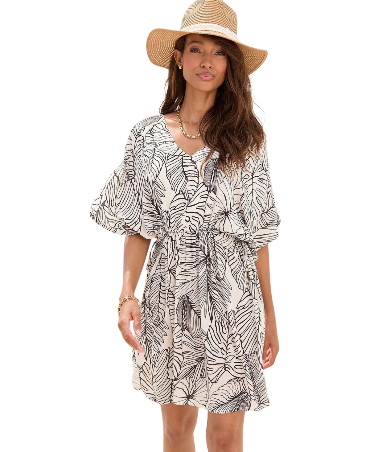 Women's Palm Print Cover up Beach Dress - Ivory  black