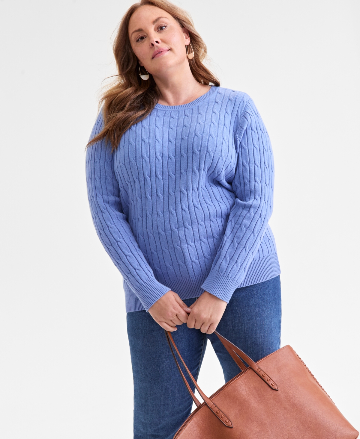 Style & Co Plus Size Cotton Cable-knit Crewneck Sweater, Macy's Exclusive In Blue