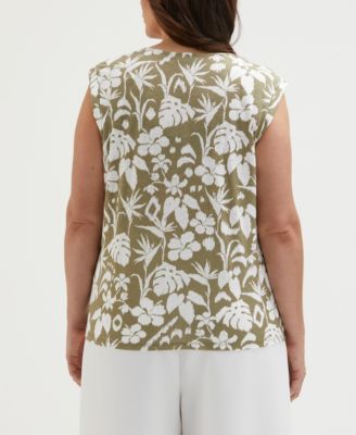 Plus Size Tropical Print Lace-Up Sleeveless Tank Top