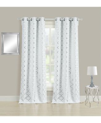 2 Pack Metallic Silver & White Lattice Clover Ultra Luxurious Window Curtains - 38 in. W x 108 in. L, White & Silver