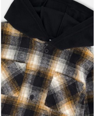 Boy Hooded Polar Fleece Overshirt with Hood Black and Brown Plaid - Toddler|Child