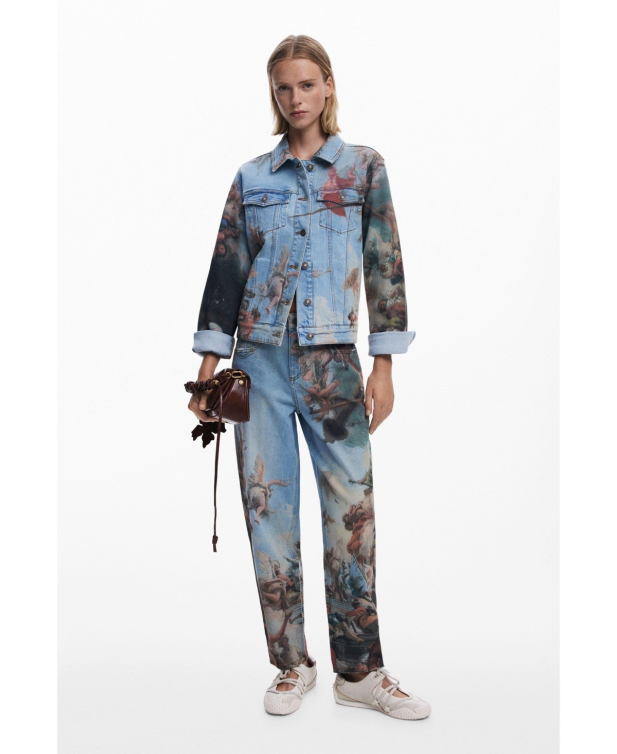 Desigual Printed Barrel Leg Jeans In Blue