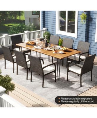 9 PCS Outdoor Patio Dining Set Armchairs Set of 8 and Acacia Wood Square Table