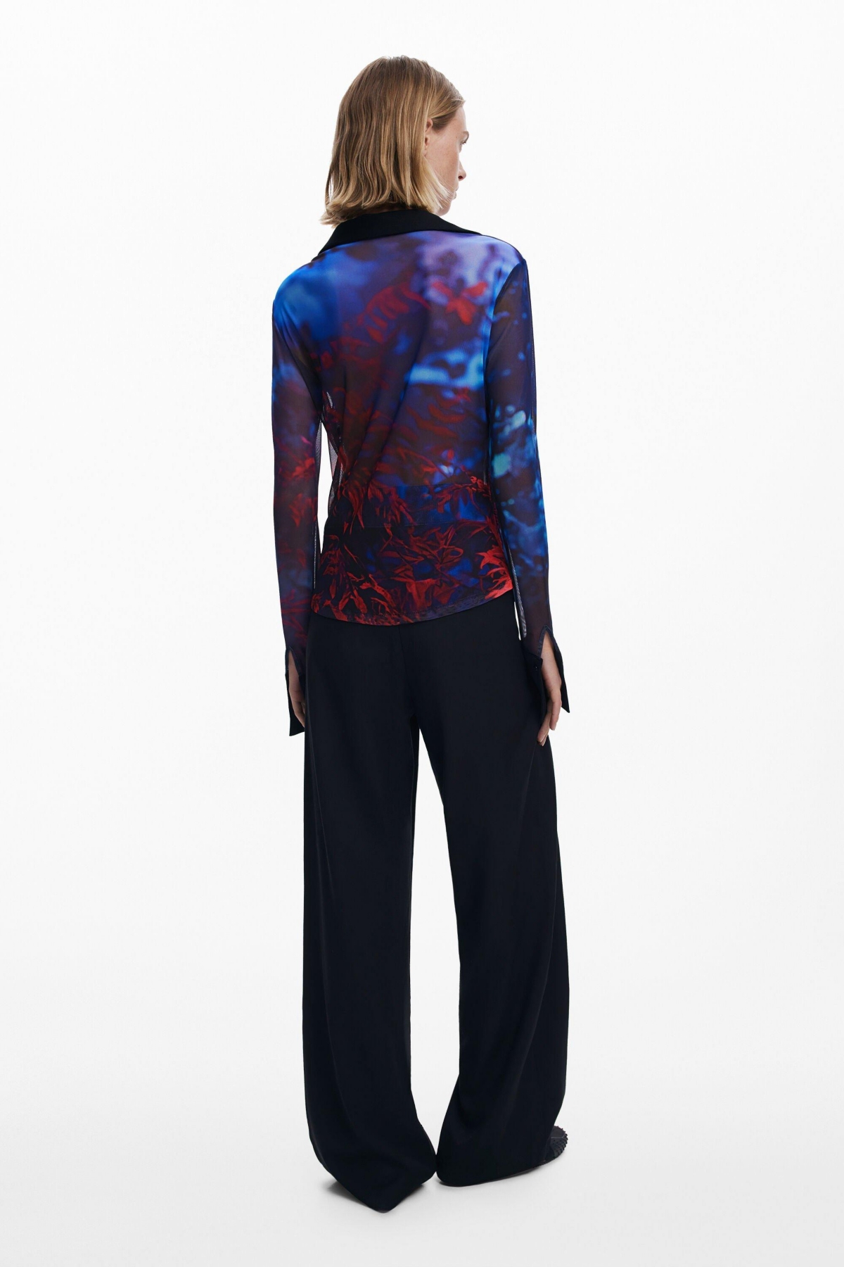 Desigual Rib Trim Mesh Button-up Shirt In Black