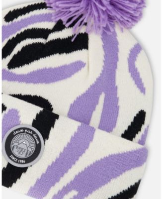 Girl Lined Knit Pompom Hat Black, White and Lilac - Toddler|Child