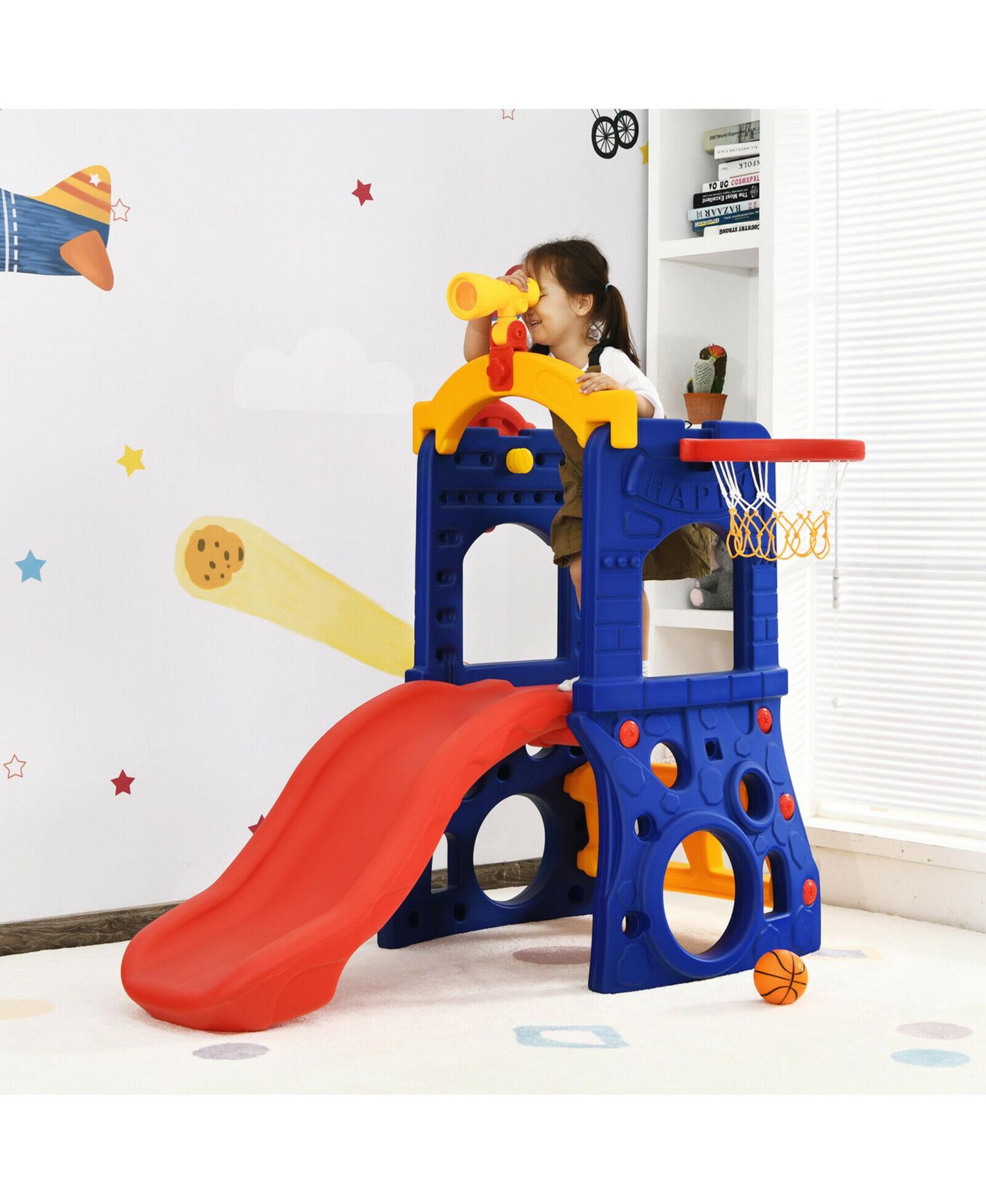 Toddler 6-in-1 Freestanding Slide w/ Basketball Hoop Play Climber Slide Set