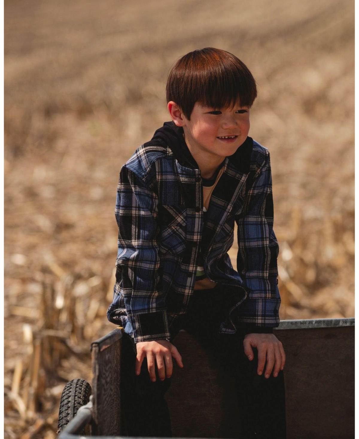 Deux par Boy Long Sleeve Hooded Flannel Shirt Blue and Black