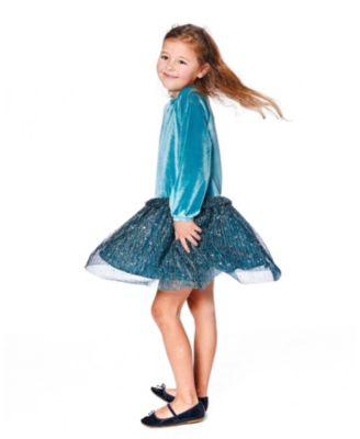 Big Girls Long Sleeve Bi-Material Velvet and Pleated Mesh Dress Teal Blue