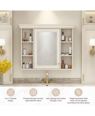 35" x 28" Wall Mounted Medicine Cabinet with Mirror Door and 6 Open Shelves, Modern Storage Unit