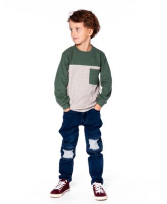 Boy Long Sleeve Super Soft Brushed Jersey Top Color Block Heather Beige - Toddler|Child