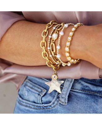 12k Gold Plated Chain with Silver Textured Star Charm and Cubic Zirconia Charm Bracelet