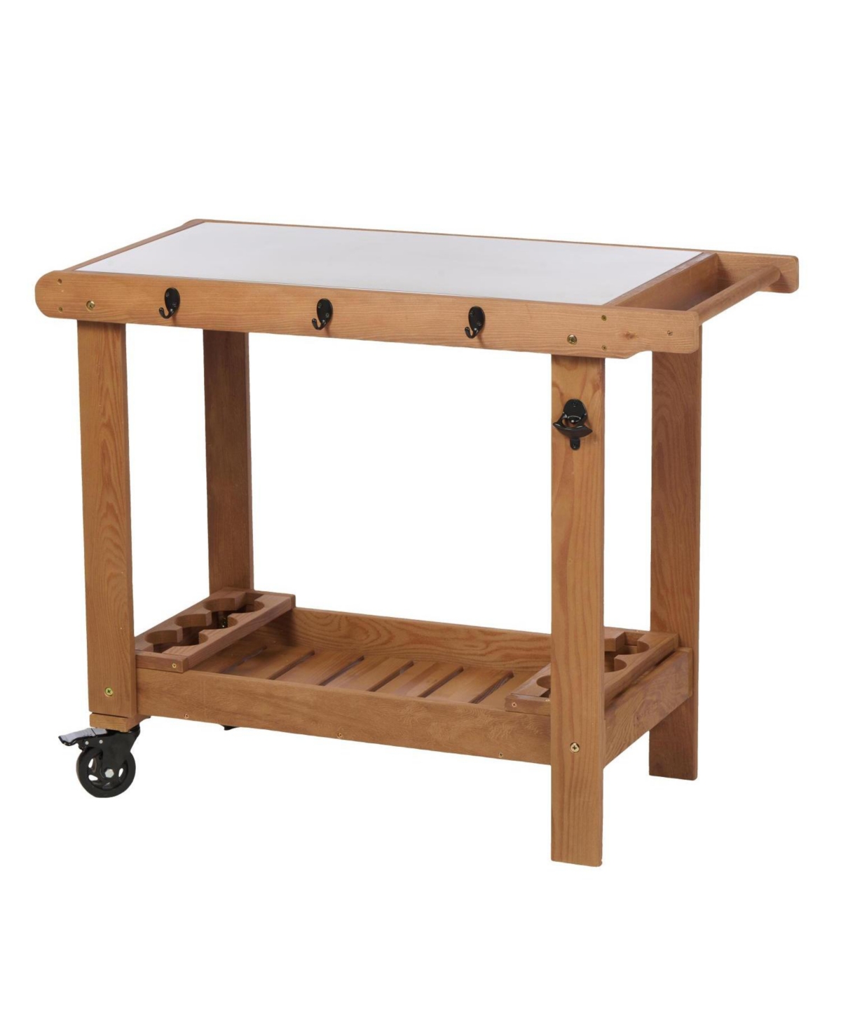Wooden Garden Cart Table with Metal Top & Hook - Brown