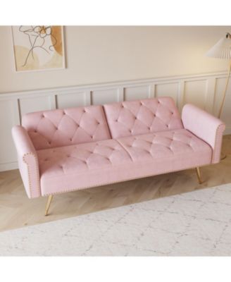 Pink Velvet Sofa Bed with Nailhead Trim & Pillow