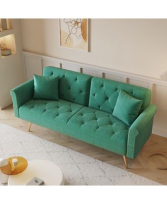 Green Velvet Sofa Bed with Nailhead Trim & Pillow