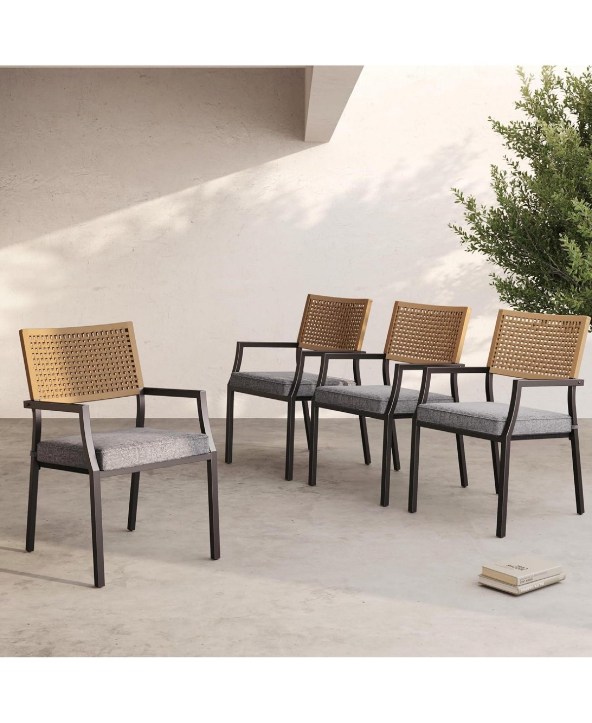 Mondawe 4-Pcs Outdoor All-Iron Detachable Rattan Chair,W/ Waterproof Cushion,Stackable Dining Chair