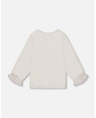 Girl Jersey Top Off-White with Embroidered Floral Sleeves - Toddler|Child