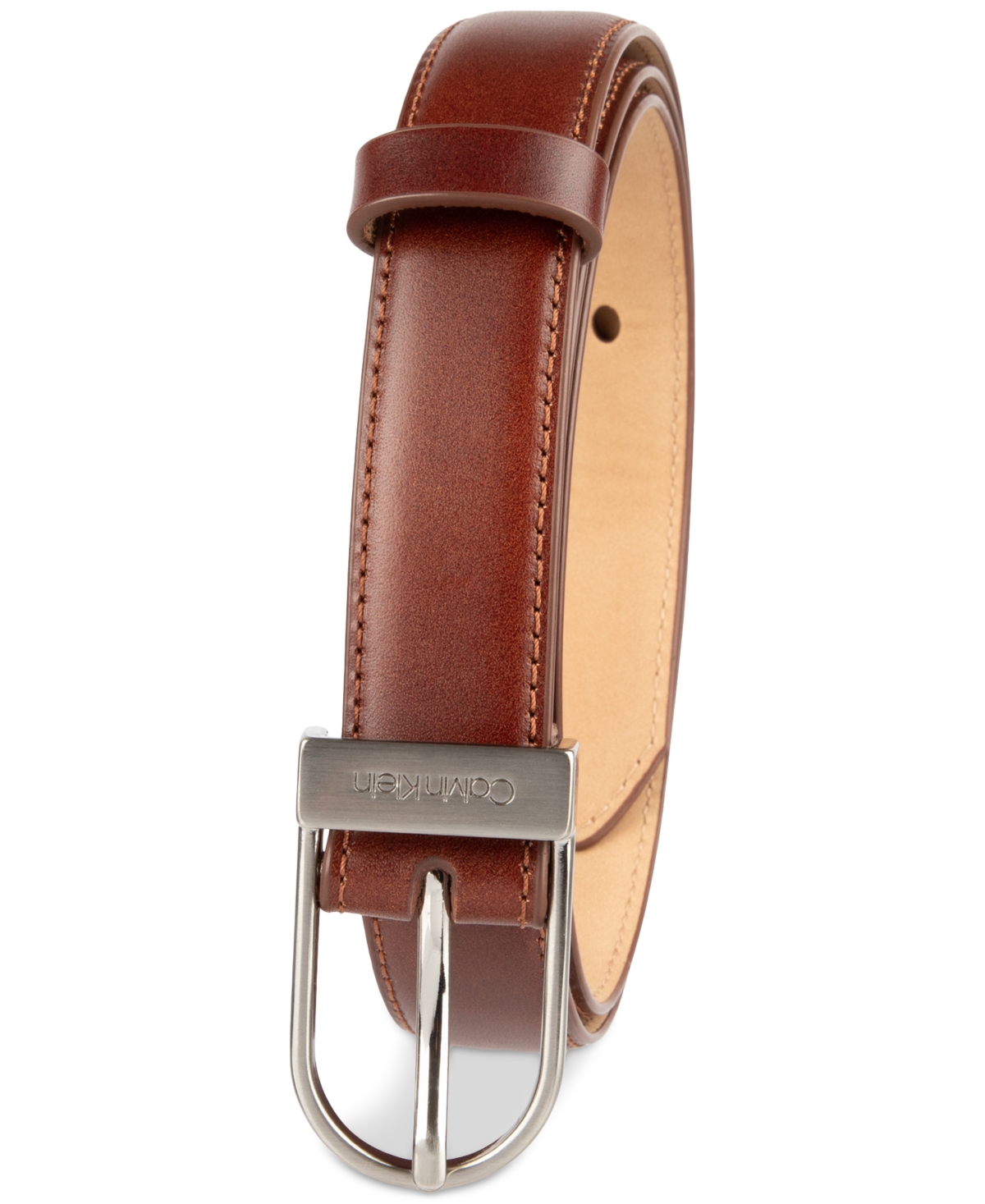 Calvin Klein Engraved Center Bar Buckle Dress Belt In Brown