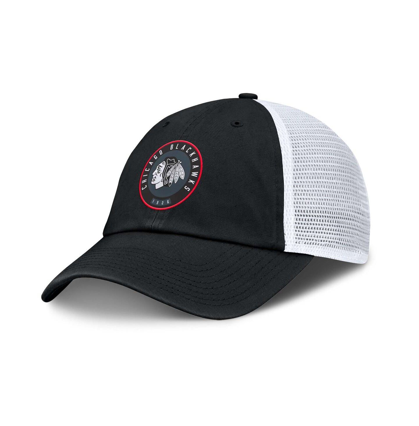 Мужская кепка Fanatics Black/White Chicago Blackhawks Averie Trucker Adjustable Hat — фото 1