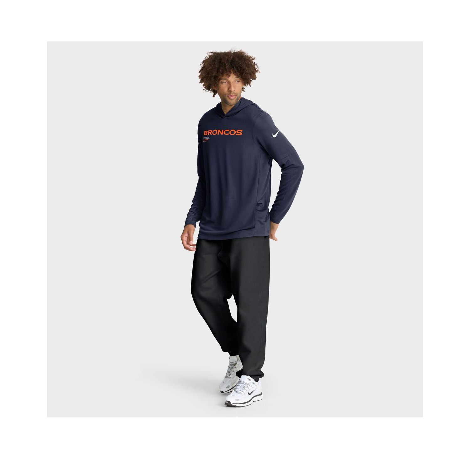 Men's Navy Denver Broncos Sideline Pure Fury Performance Long Sleeve Hoodie T-Shirt