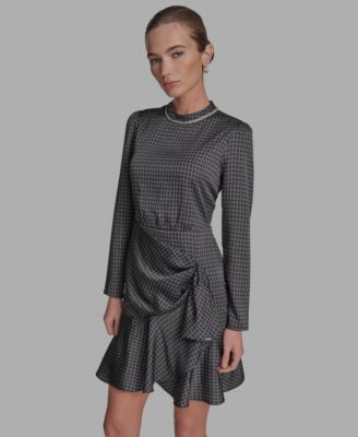 Women's Embellished Mock-Neck Satin Shift Dress