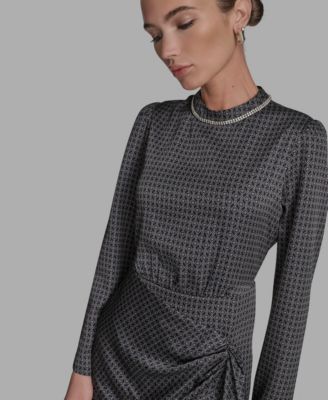 Women's Embellished Mock-Neck Satin Shift Dress